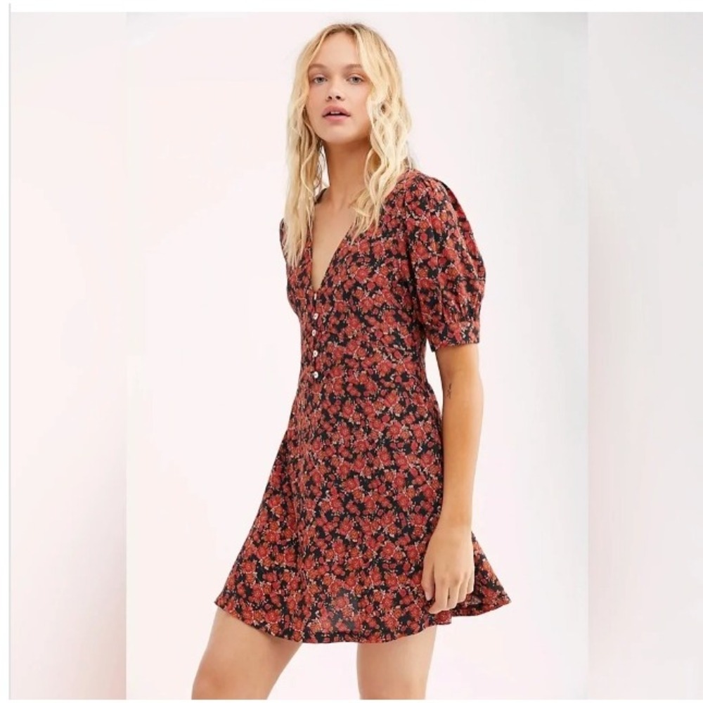 Free People Provence Boho Mini Dress Burgundy Floral V-Neck Button Front Size L